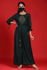 Jadegreen Rayon Slub Bandhani A-Line Kurta With Mask